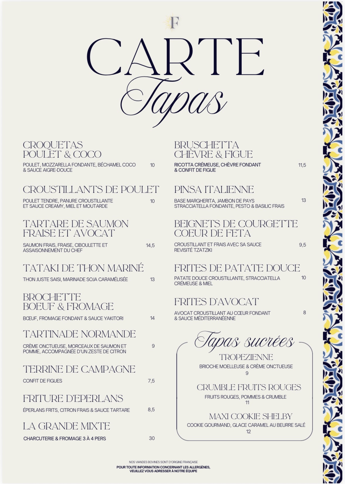 Carte Tapas — édition automne 2026 — Felicia Deauville